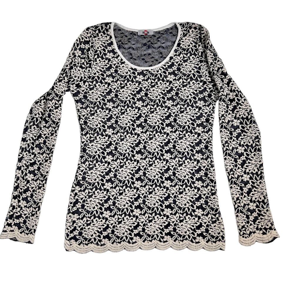 Urvana Blouse White Floral Embroidery Over Black Lace Scalloped Hem Cuffs